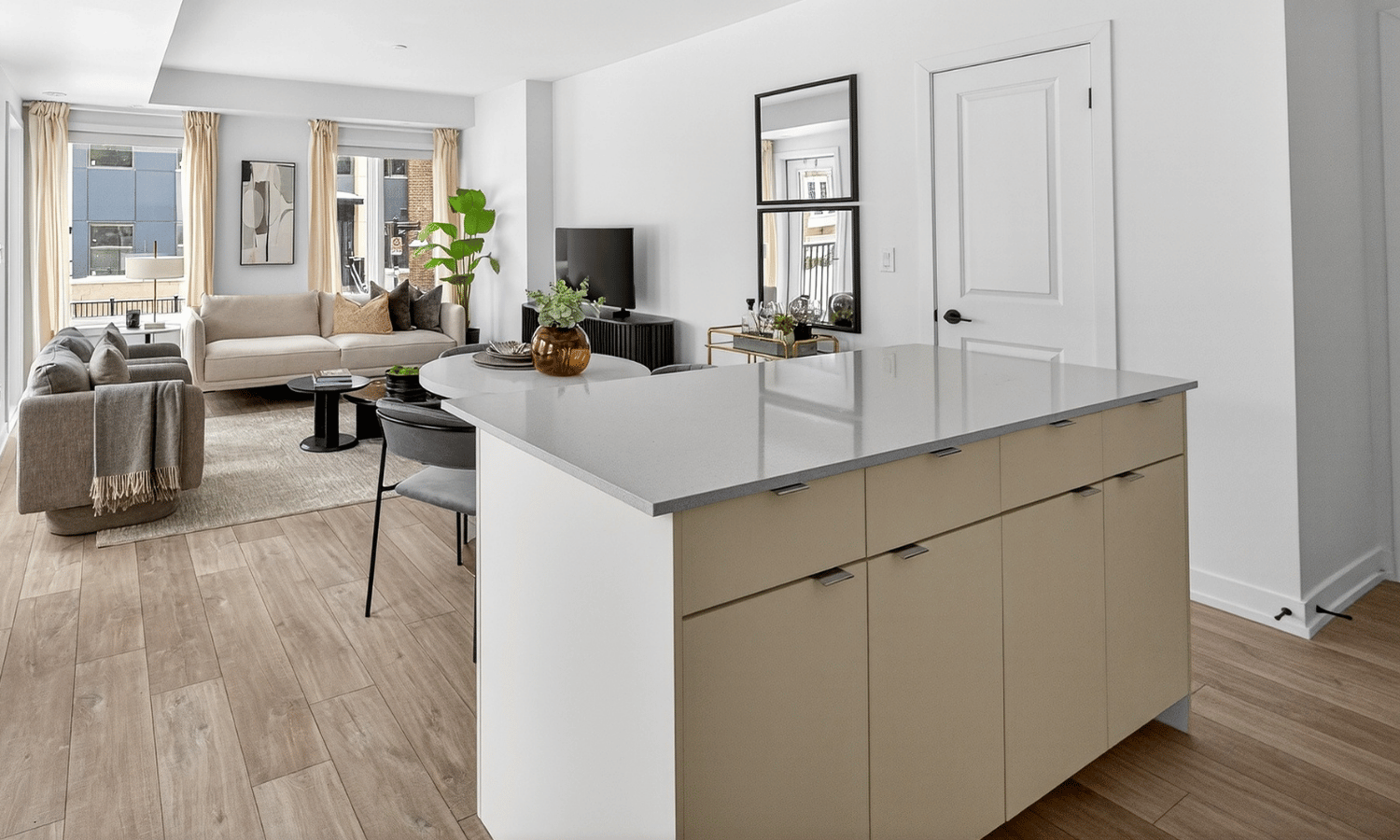 Staged living room at The Towns at York Mills & Leslie.